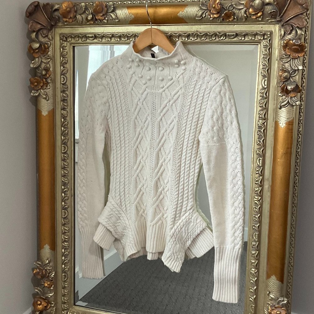 BCBGMaxazria Peplum Cable Knit Wool Sweater Pom Pom Mock Neck Size M White